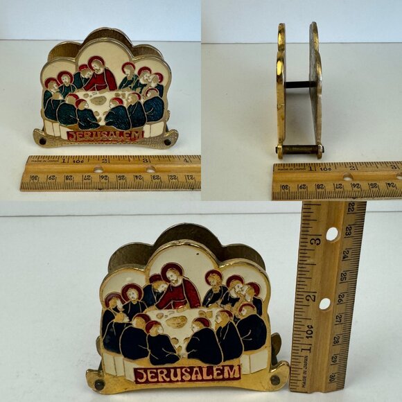 Vtg Jerusalem Souvenir Last Supper Religious Napkin Letter Holder Enamel Brass - Picture 3 of 16